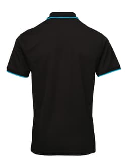 A black polo shirt with a contrasting turquoise trim, featuring a collar and short sleeves. It has a logo.