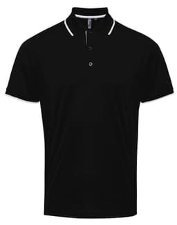 A black polo shirt featuring a collar and buttons, with contrasting white trim along the collar and sleeves.