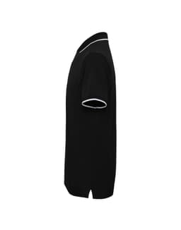 A black polo shirt featuring a contrasting white collar and sleeve trim, displayed from the side view.