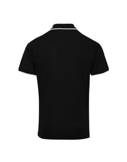 A black polo shirt featuring a contrasting collar, with a logo on the back.