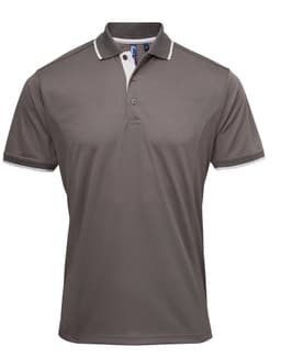 A grey polo shirt featuring a contrasting collar and sleeve trim, complete with a logo.