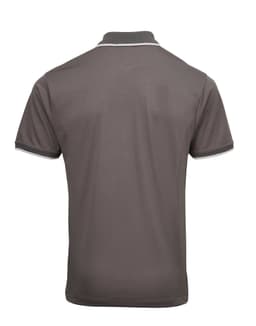 A grey polo shirt featuring contrasting trim and a logo on the back.