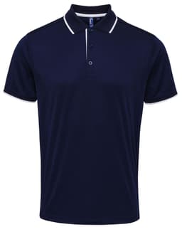 A navy polo shirt with contrasting white details and a logo. Short sleeves and a collar complete the design.