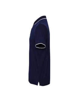 A navy blue polo shirt featuring a contrasting collar and sleeve trim. It has a logo on the chest.