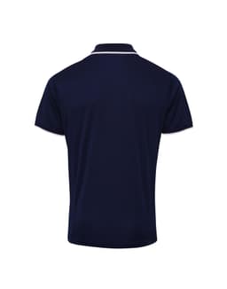 A navy polo shirt featuring a contrasting collar and sleeve trim, with a small logo on the back.