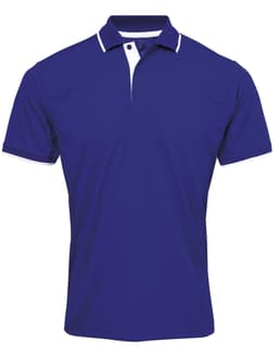 A royal blue polo shirt with white piping and a collar. It has a logo on the chest area.