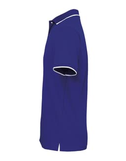 A purple polo shirt with white accents and a collar, featuring a logo on the chest.