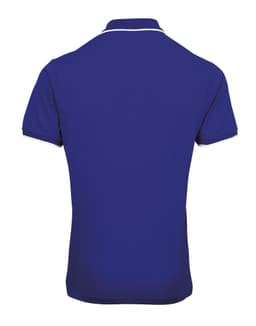 A back view of a blue polo shirt featuring contrasting trim and a logo.