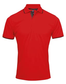 A red polo shirt with black detailing and a brand logo on the collar.