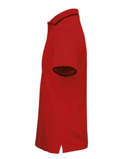 A red polo shirt featuring a contrasting trim and a logo on the chest, shown from the side.