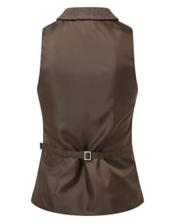 A brown women's herringbone waistcoat with a fitted back and adjustable belt. Features a sleeveless design.