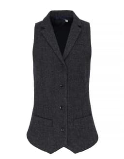 A women's herringbone waistcoat in dark grey, featuring a tailored design with buttons and front pockets.