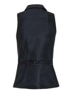 A women's black herringbone waistcoat with a fitted design and a rear belt buckle, featuring a collar.