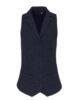 A women's navy herringbone waistcoat featuring a tailored design, button closure, and two front pockets.