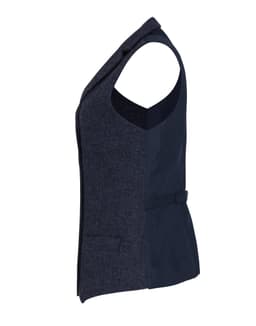A women's herringbone waistcoat featuring a split design in navy and dark blue, with a sleek tailored fit and a branding logo.