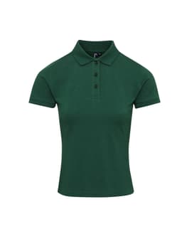 A dark green women's polo shirt featuring a classic collar and three-button placket. It has a logo on the chest.