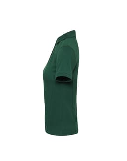 A green women's polo shirt with a classic collar and short sleeves, featuring a logo on the chest.