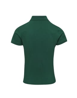 A short-sleeved polo shirt in deep green with a collar, featuring a logo on the chest.