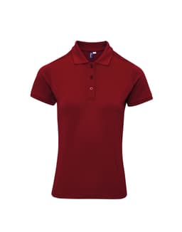 A red polo shirt with a collared neckline, short sleeves, and a logo on the front.