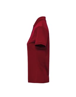 A red women's polo shirt with short sleeves, featuring a fitted design and a logo on the chest.