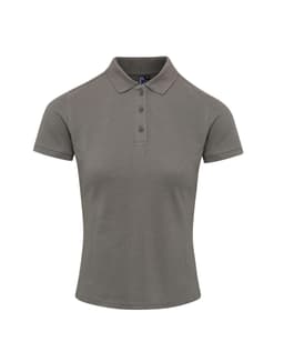 A women's short-sleeve polo shirt in a muted grey colour with a collar and three buttons, featuring a logo.