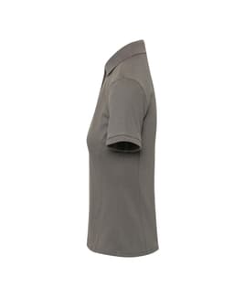 A grey women's polo shirt with short sleeves and a collar, featuring a logo on the side.