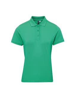 A green women's polo shirt with a collar and four buttons, featuring a logo.