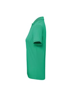 A women's polo shirt in vibrant green, featuring a classic collar and short sleeves. It has a logo on it.