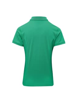 A vibrant green polo shirt with a classic collar and short sleeves, featuring a logo on the chest.