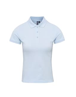 A light blue women's polo shirt with a collared neck, short sleeves, and a single logo on the chest.