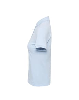 A light blue women's polo shirt with short sleeves and a classic collar. It features a logo on the chest.