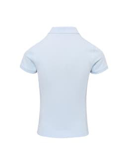 A light blue women's polo shirt with a collar and short sleeves, featuring a logo on the back.