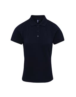 A navy polo shirt with a classic collar and short sleeves, featuring a button placket and a logo.