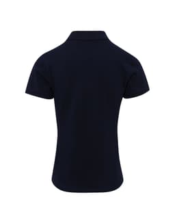 A navy blue women's polo shirt with a classic pique texture and a small logo on the back.