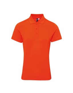 An orange women's polo shirt with a classic collar and three buttons, featuring a branding logo.