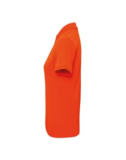 A bright orange women's polo shirt featuring a stylish pique design and a logo.
