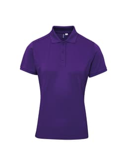 A purple women's polo shirt with a classic collar and three buttons, featuring a logo on the chest.