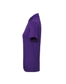 A side view of a women's polo shirt in purple, featuring short sleeves and a collar, with a logo present.