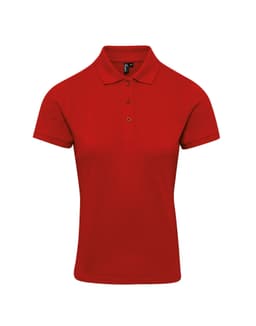 A red women's polo shirt with a classic collar and three-button placket, featuring a logo.
