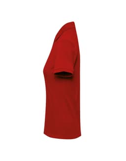 A red women's polo shirt, featuring a classic pique texture and a collar, displayed from the side.