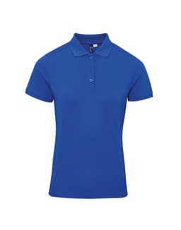 A blue women's polo shirt with a classic collar and three-button placket. The shirt has a logo on it.