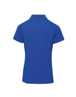 A fitted, short-sleeved polo shirt in bright blue with a collar and a logo on the back.