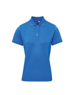 A women's polo shirt in a vibrant blue colour, featuring a collar and three buttons, with a logo present.