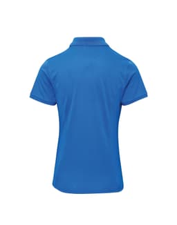 A women's blue polo shirt with a classic collar and short sleeves, featuring a logo on the back.