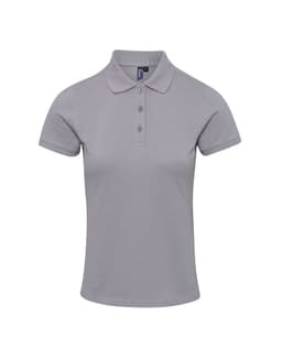 A light grey polo shirt with a classic collar and three buttons, featuring a logo on the chest.