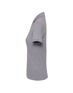 A grey women's polo shirt featuring a classic pique design, with short sleeves and a subtle logo.