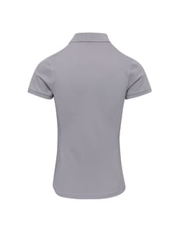 A grey women's polo shirt with a short sleeve and a collar, featuring a logo on the back.