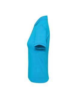A women's polo shirt in bright turquoise, featuring short sleeves and a collar. The shirt has a logo on it.