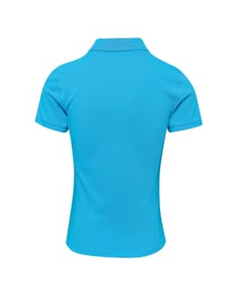 A turquoise women's polo shirt featuring a classic pique texture and a collar, with a logo on the back.