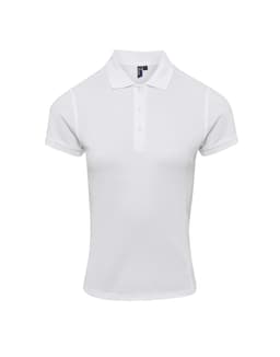 A white women's polo shirt with short sleeves and a collar. It features a branding logo.
